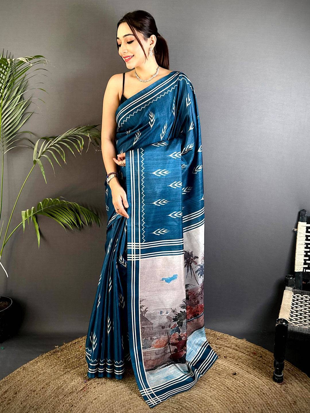 Elegant Navy Bold Ikkat Tussar Saree

