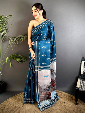 Elegant Navy Bold Ikkat Tussar Saree

