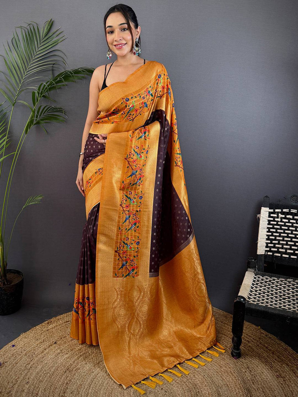 Brown Gadwal Silk Double Chex Saree