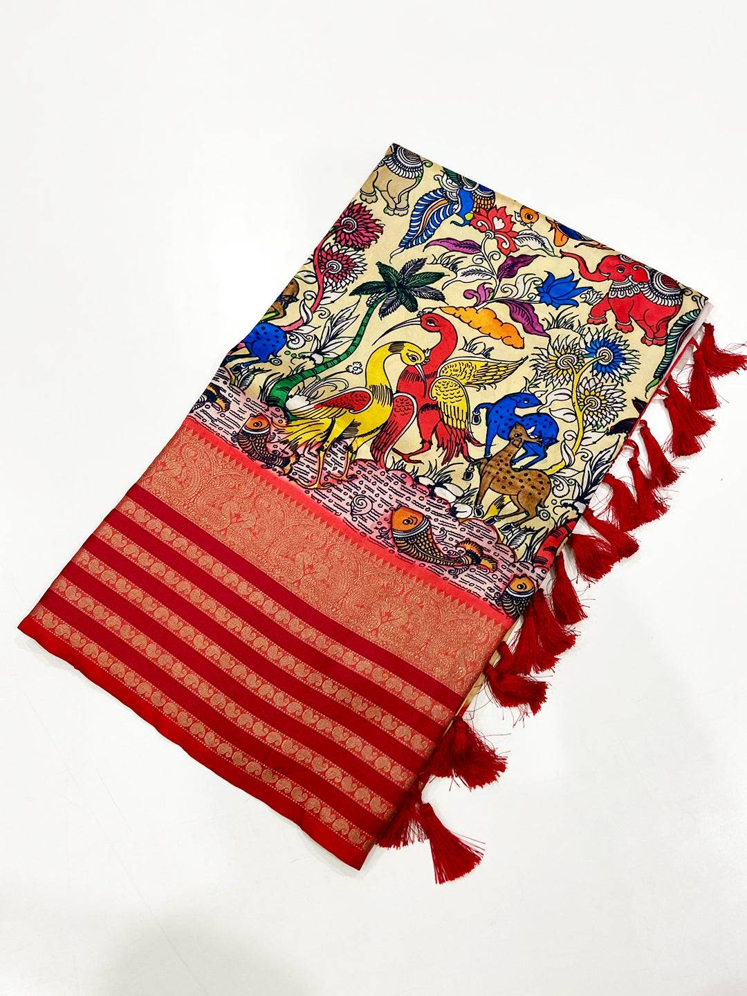 Beige Kalamkari Banarasi Silk Saree