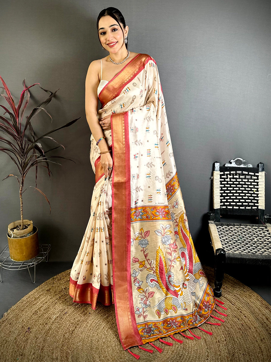 Peach Soft Dola Silk Warli Print Saree