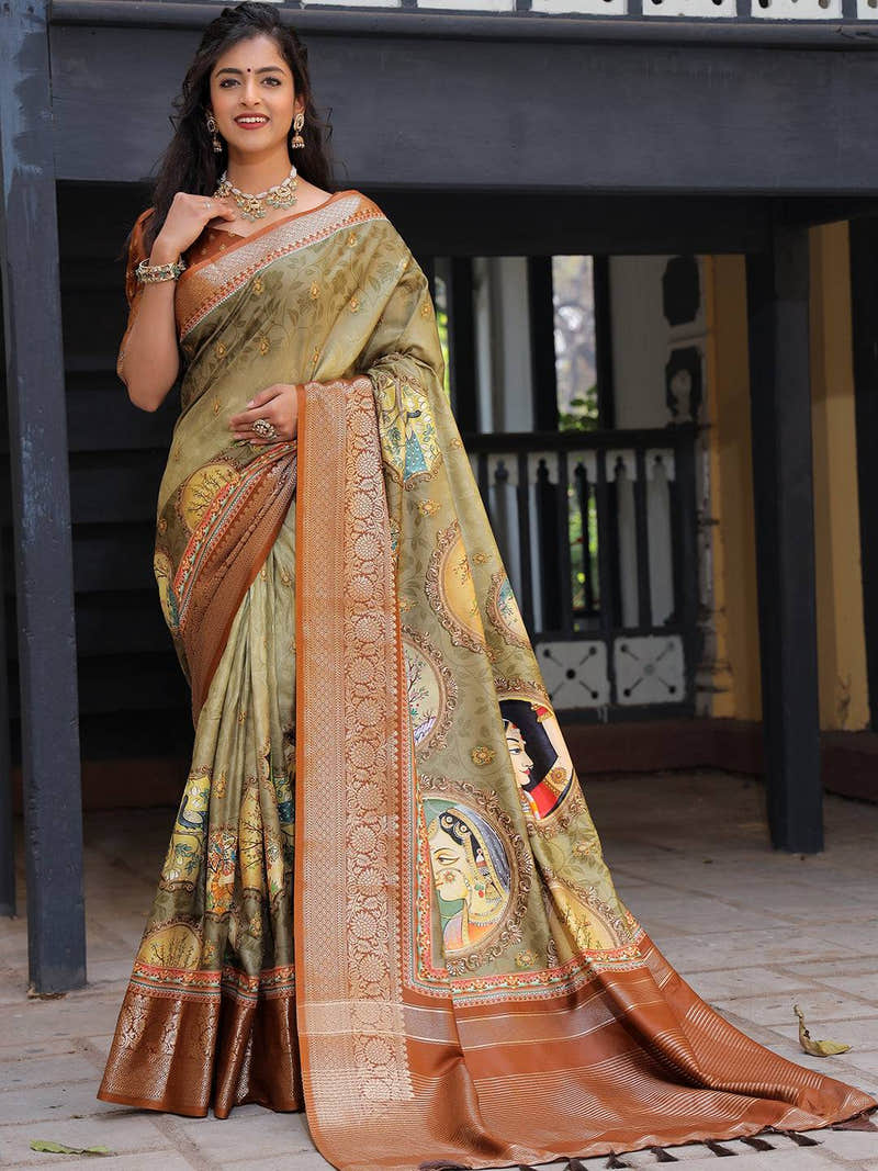 Viscose Dola Silk Saree With Zari Weaving Pallu In Olive Colour - Luxe