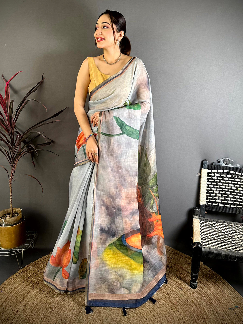 Grey Pen Kalamkari Linen Saree