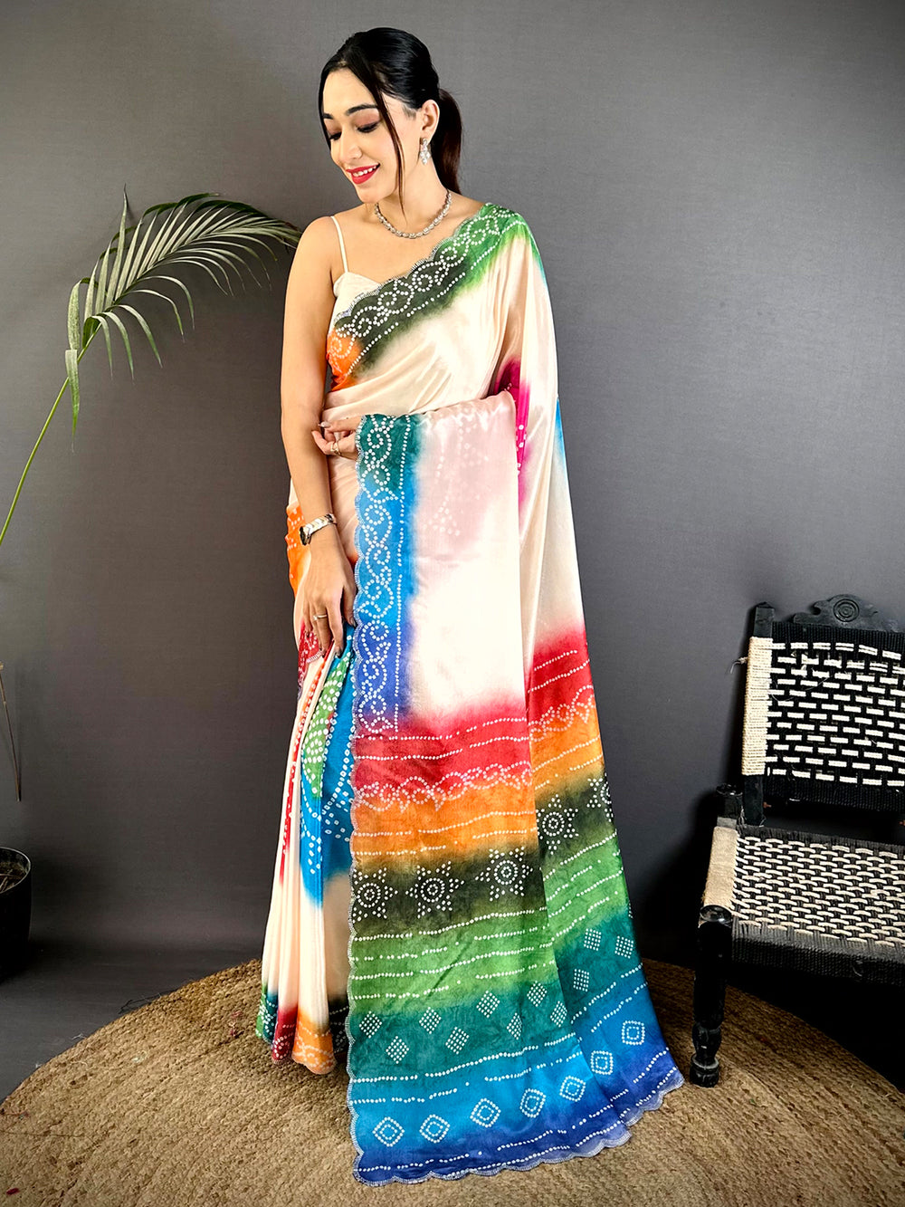 Stylish Chiffon Bandhej Swarovski Saree