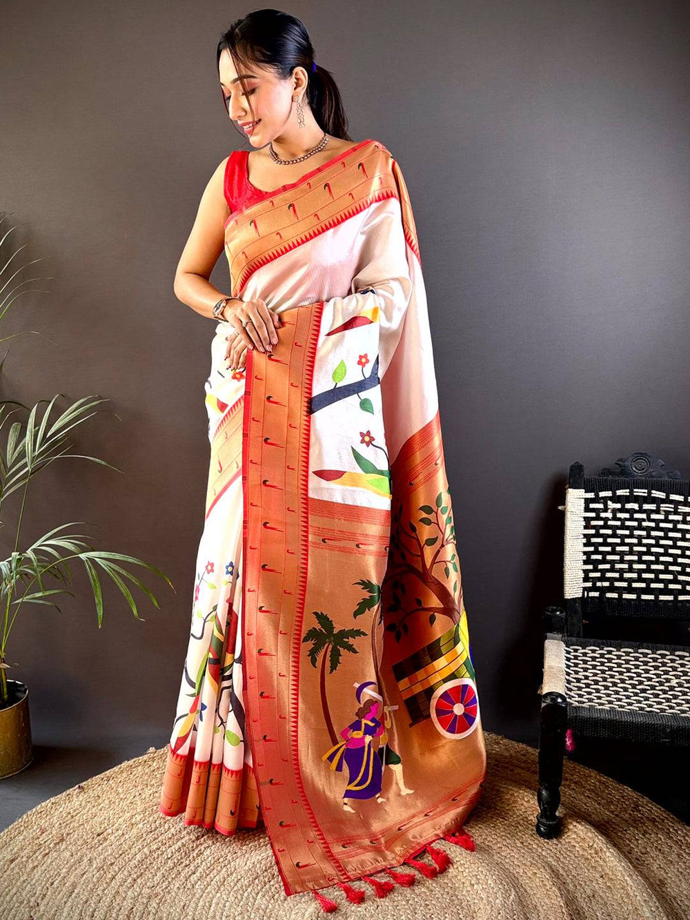 Daisy White Minakari Soft Silk Saree