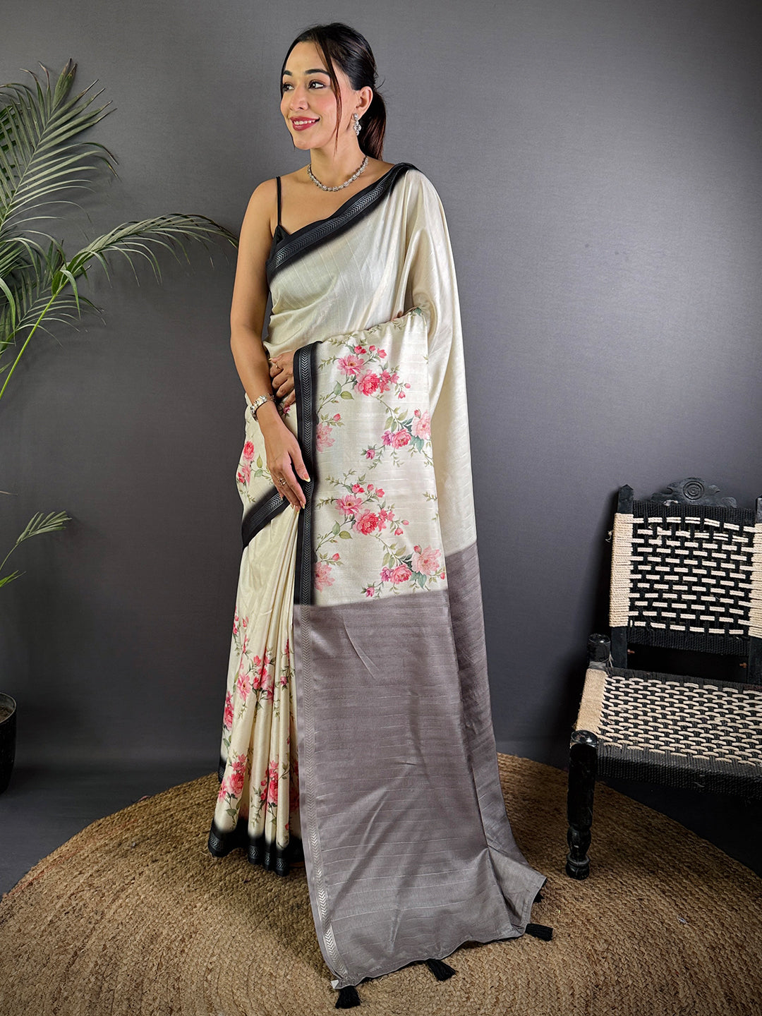 Radiant White Floral Tussar Silk Saree
