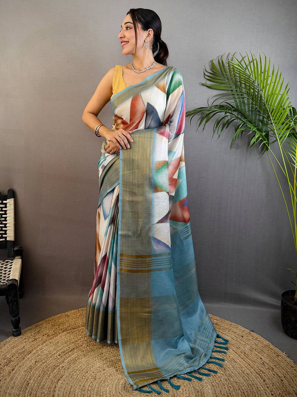 Sky Blue Geometric Kalamkari Linen Saree


