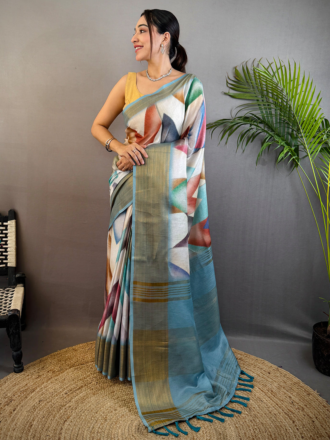 Sky Blue Geometric Kalamkari Linen Saree