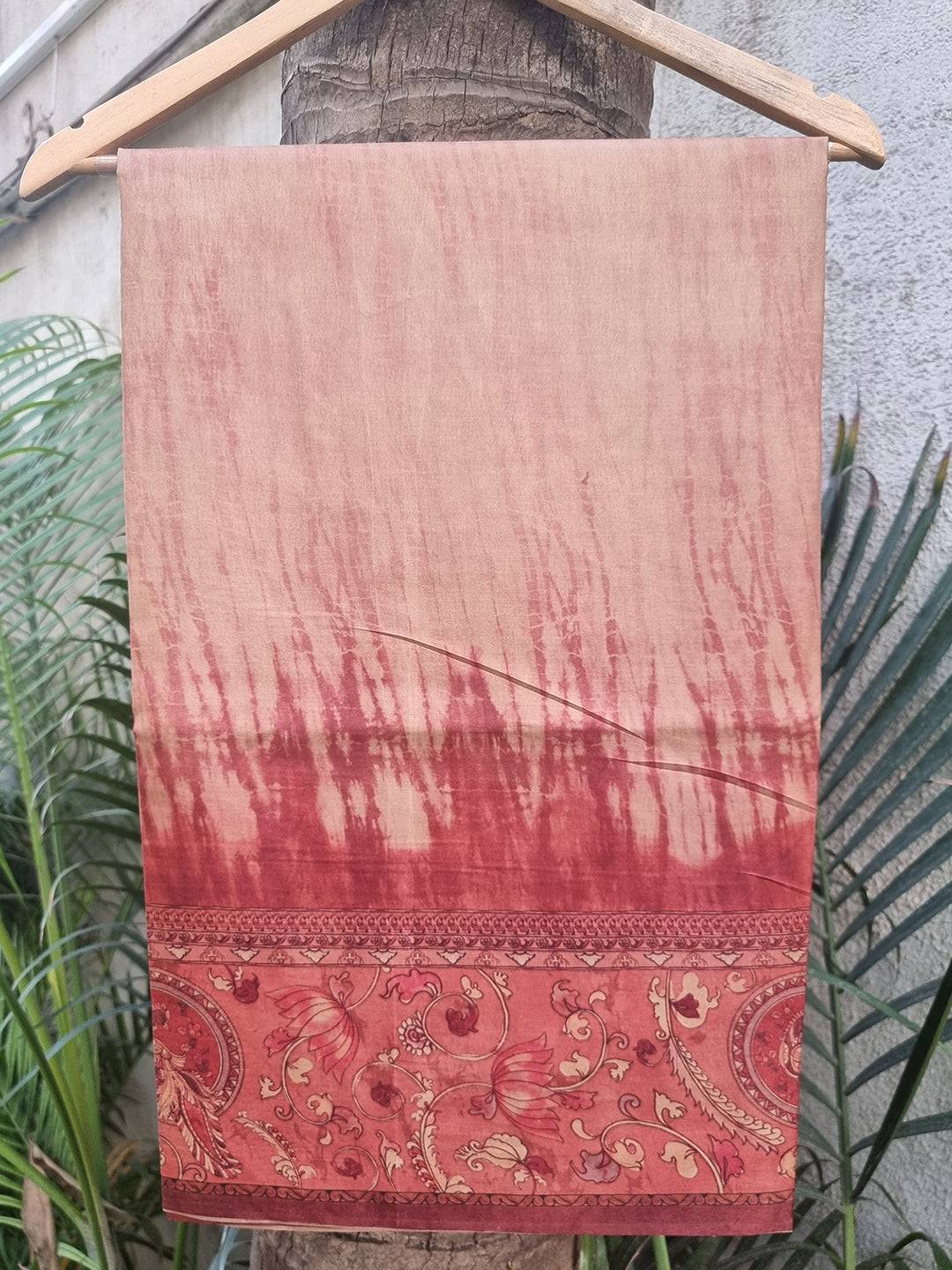 Maroon Tussar Silk Saree with Batik and Kalamkari Border