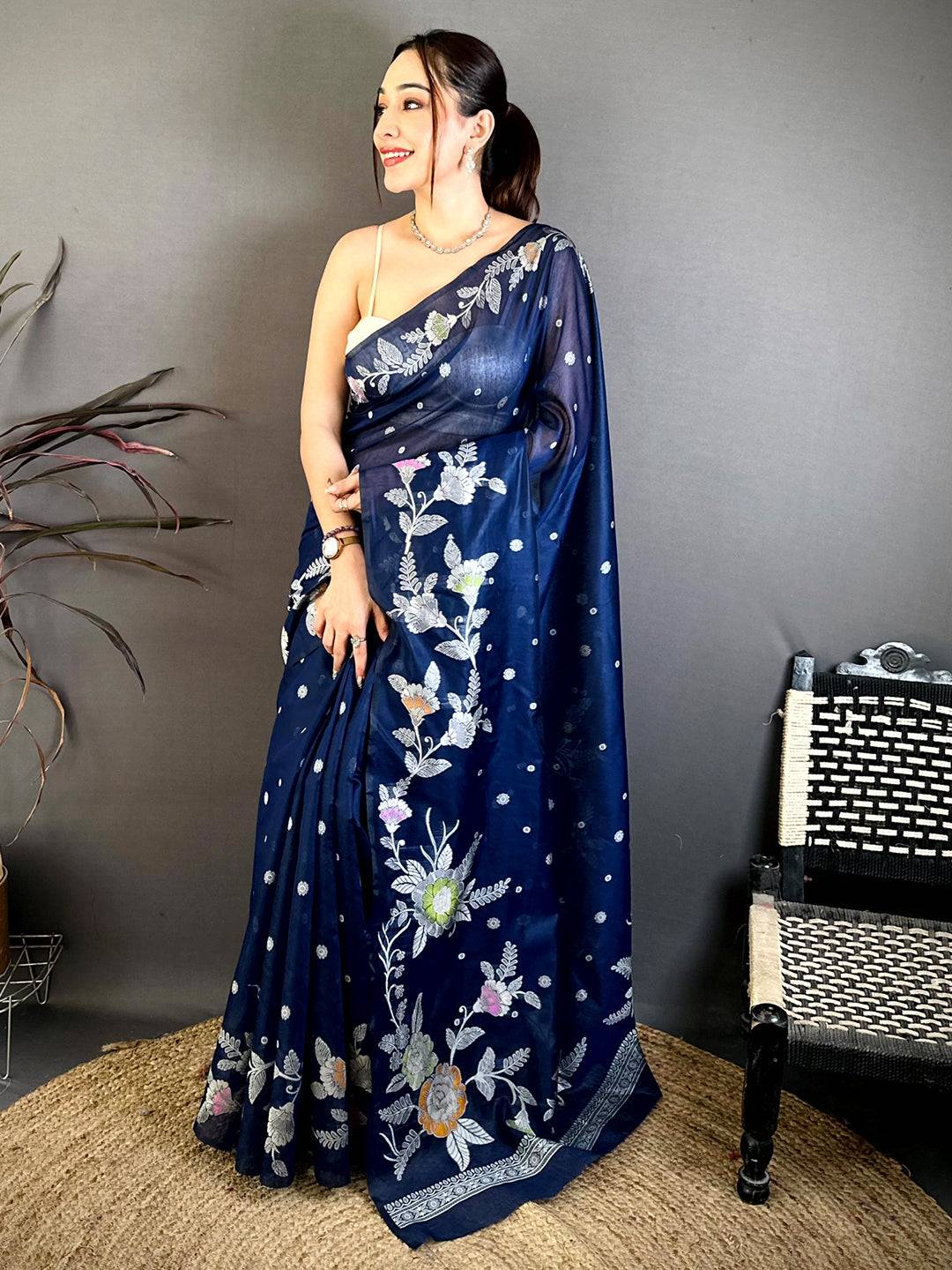 Classic Dark Shade Floral Katan Silk Saree