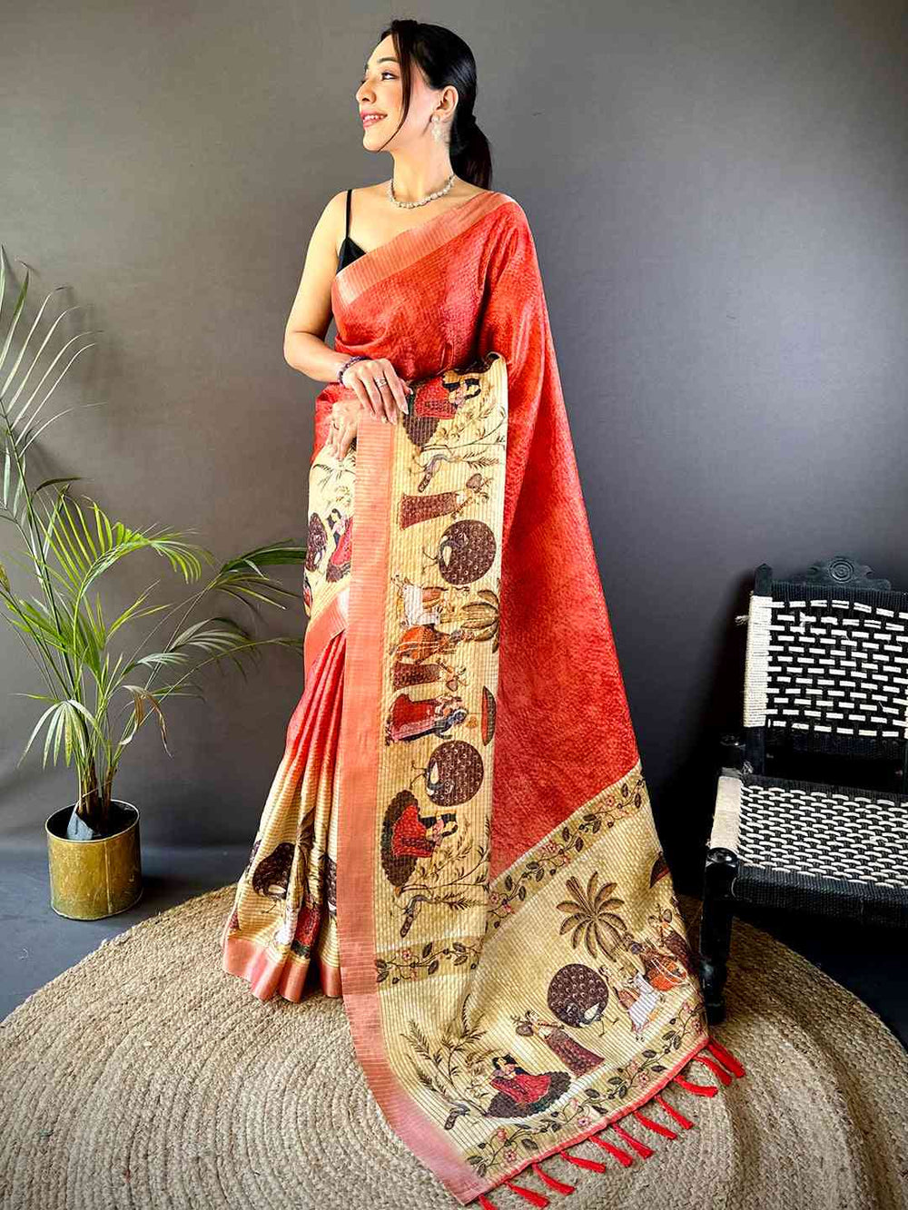 Red Kalamkari Pichwai Black Check Saree