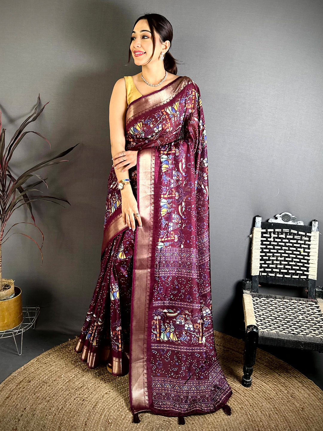 Brown Pen Kalamkari Soft Dola Zari Saree
