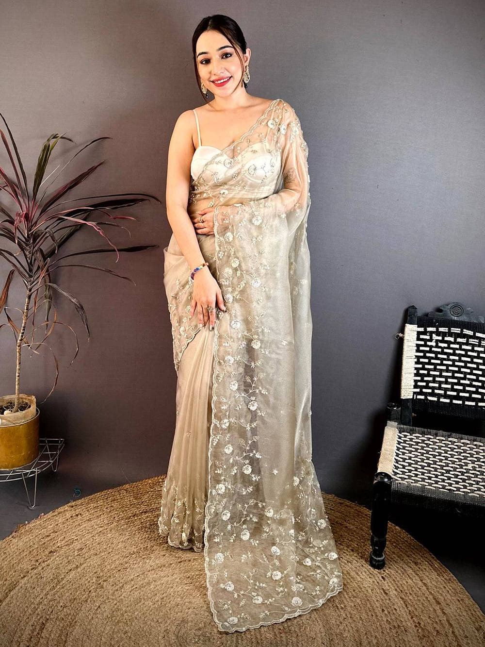 Off White Pearl Sequin Embroidered Organza Saree