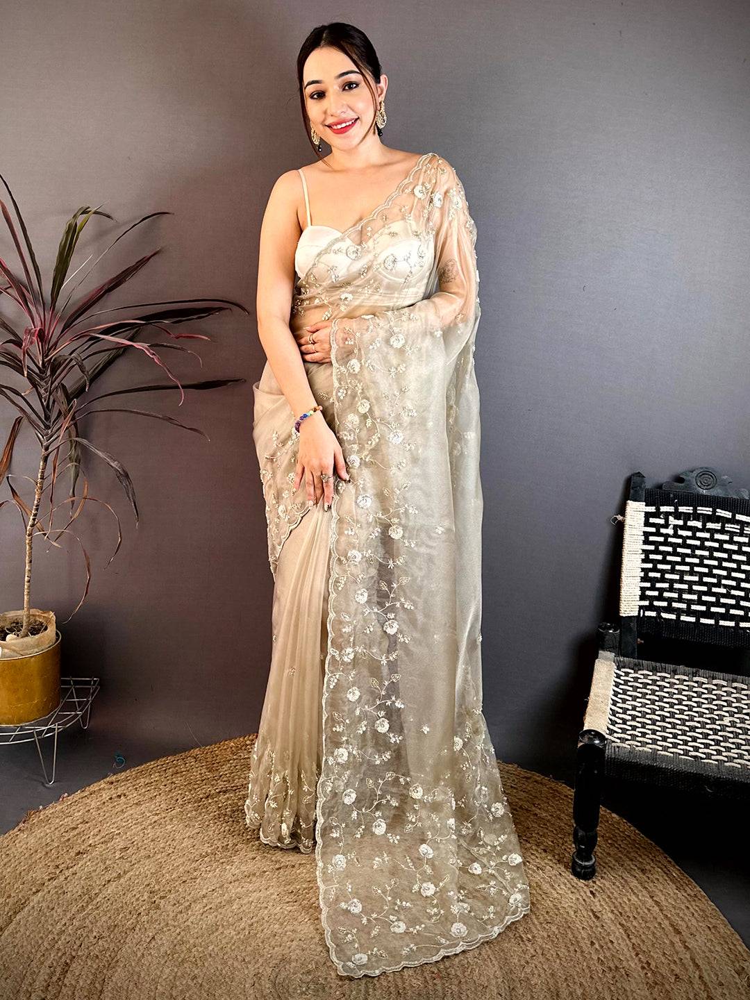 Off White Pearl Sequin Embroidered Organza Saree