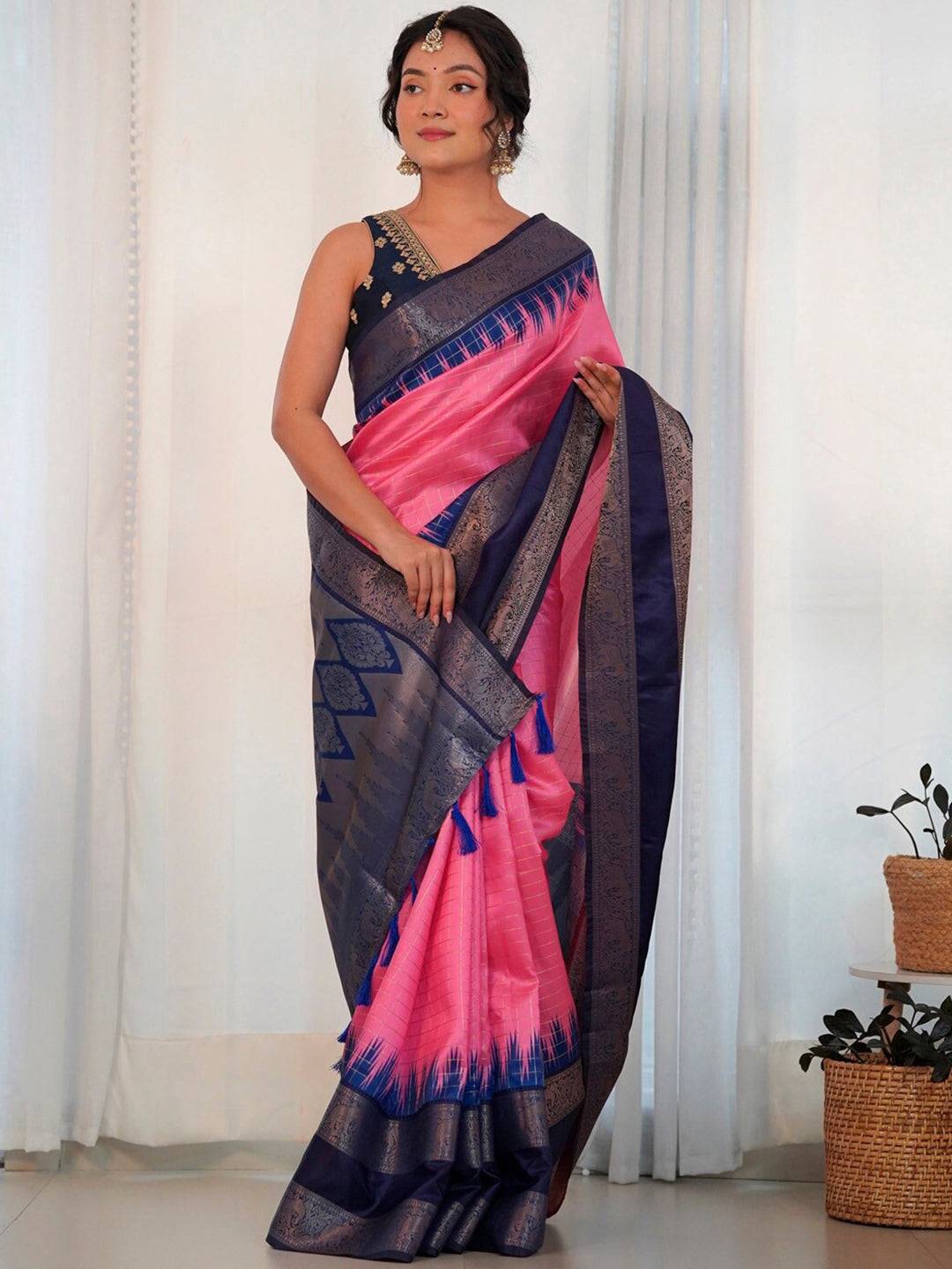 Pink Banarasi Gadwal saree with blue zari border, front view