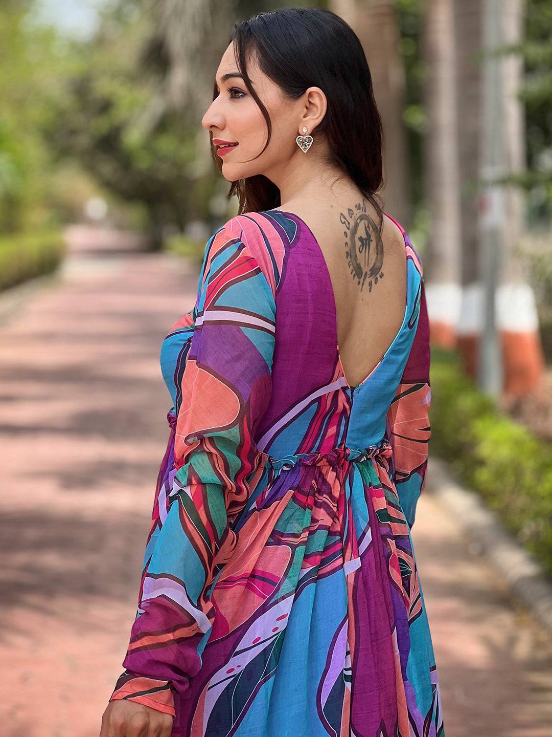 Back view of Lust Lavender Abstract Print Dress