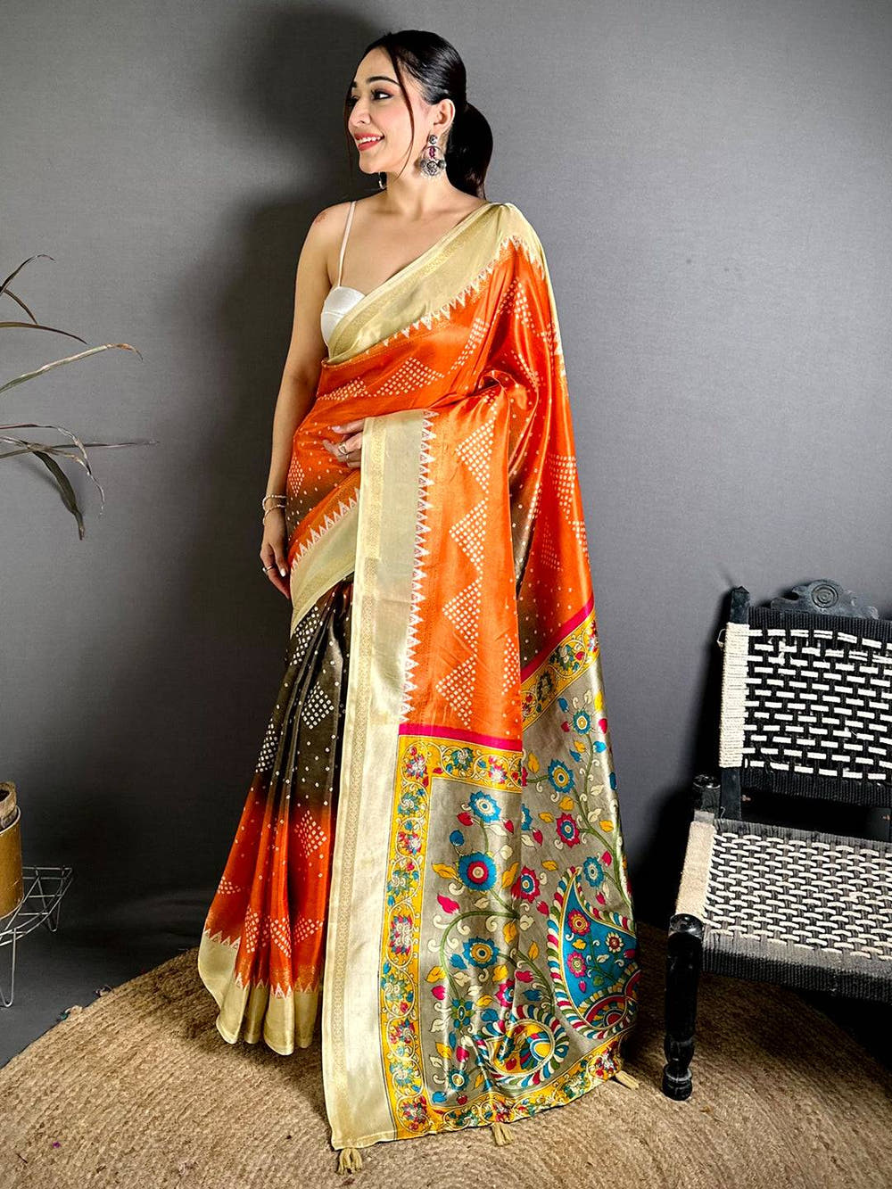 Regal Kalamkari Pallu Bandhej Print Saree
