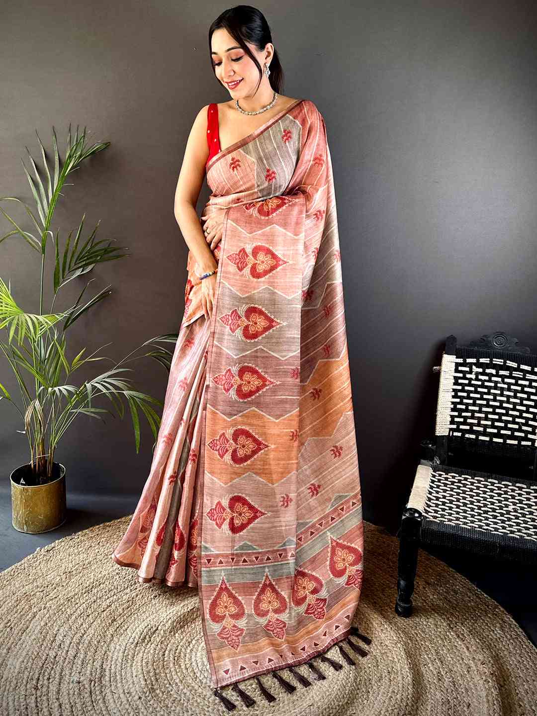 Rust Tissue Chanderi Geometric Floral Saree