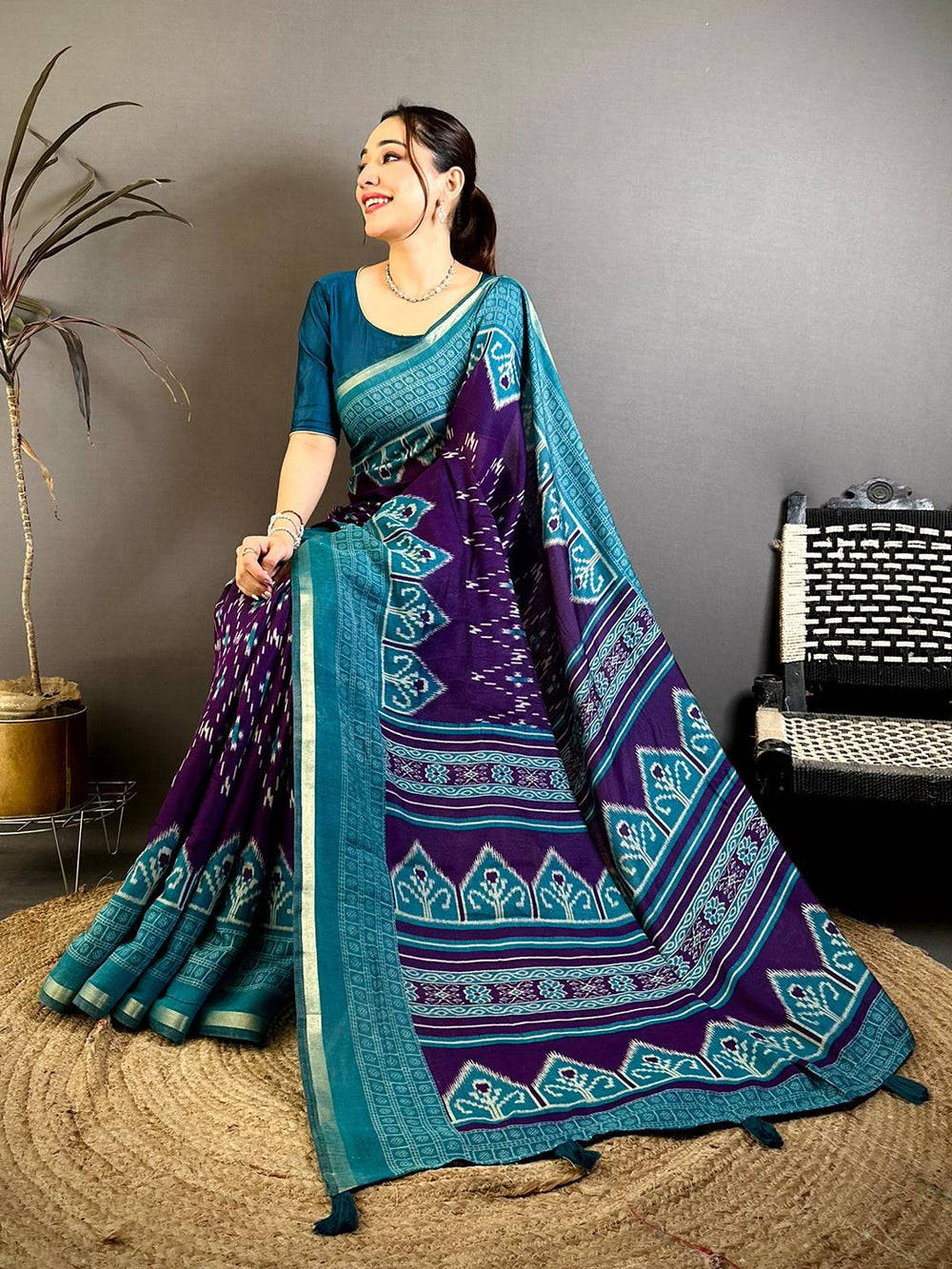 Purple Mul Cotton Ikkat Rudraksha Border Saree