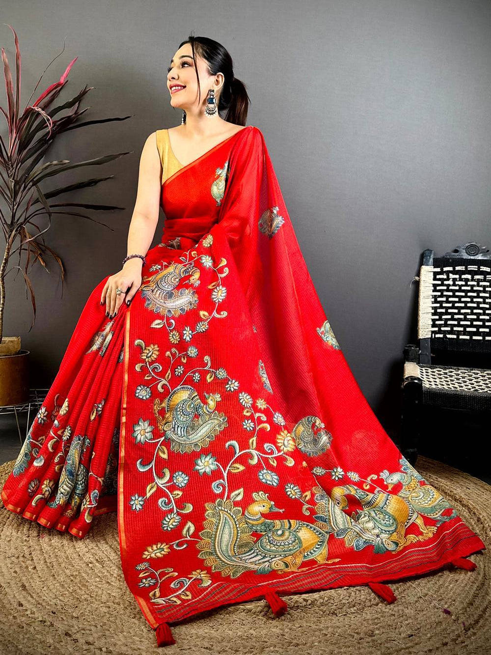Red Peacock Kalamkari Kota Saree