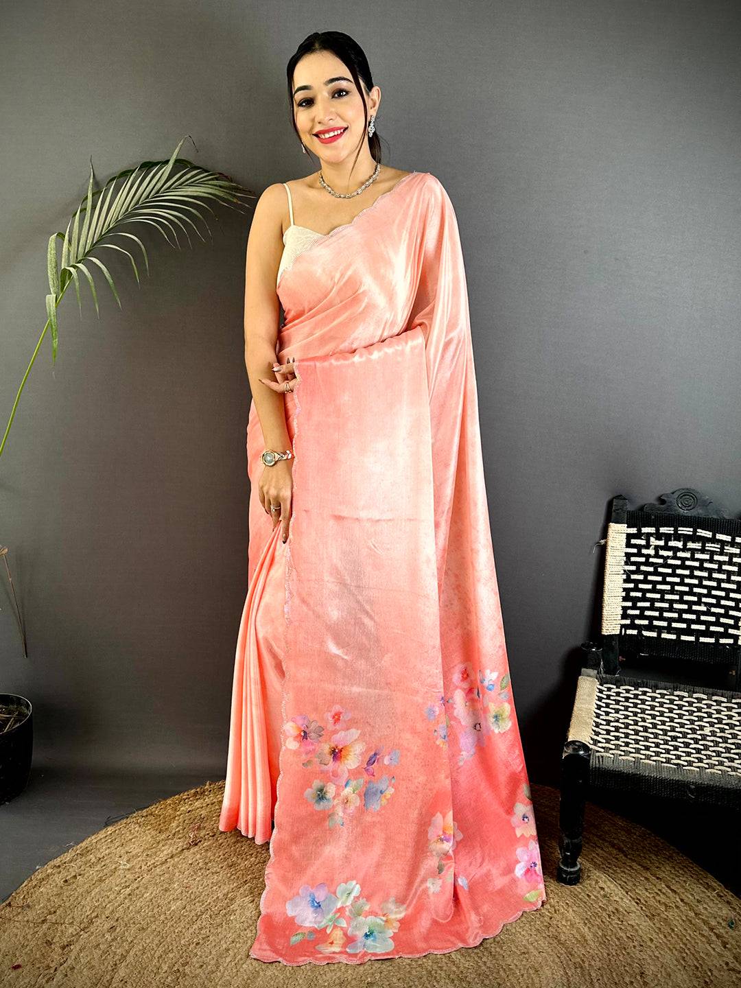Coral Chinnon Stone Work Floral Saree
