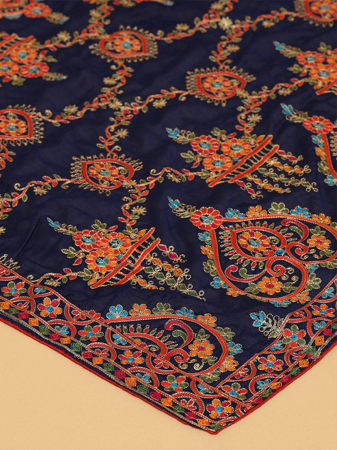 Close-up of Threadwork on Navy Poly Chiffon Dupatta