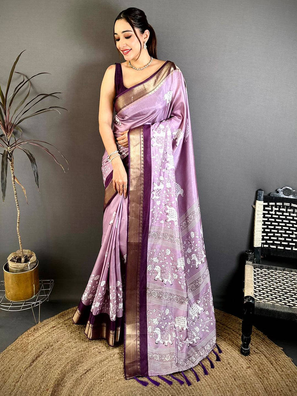 Lavender Soft Dola Block Kalamkari Zari Saree