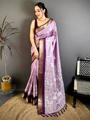 Lavender Soft Dola Block Kalamkari Zari Saree