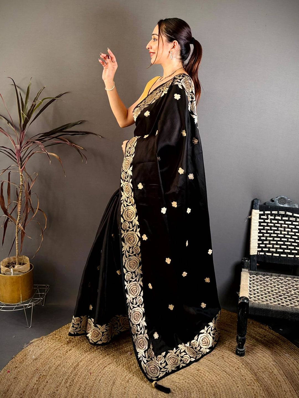 Black Aari Jhalar Tussar Satin Saree