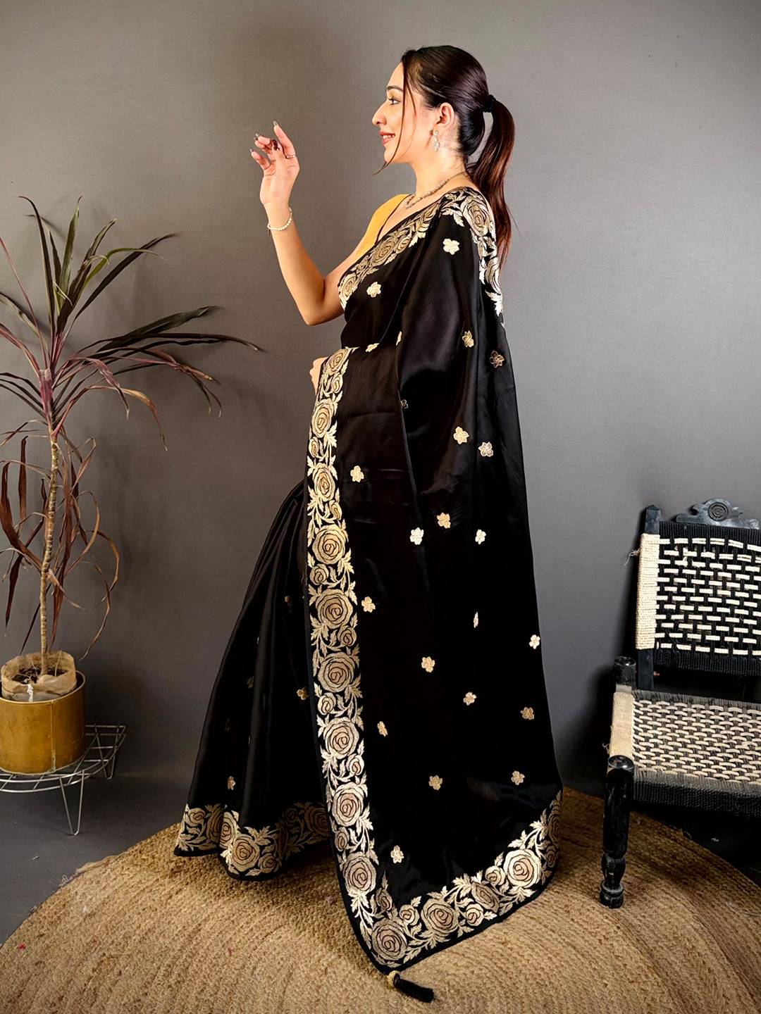 Black Aari Jhalar Tussar Satin Saree