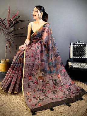 Opulent Multicolor Block Print Linen Saree