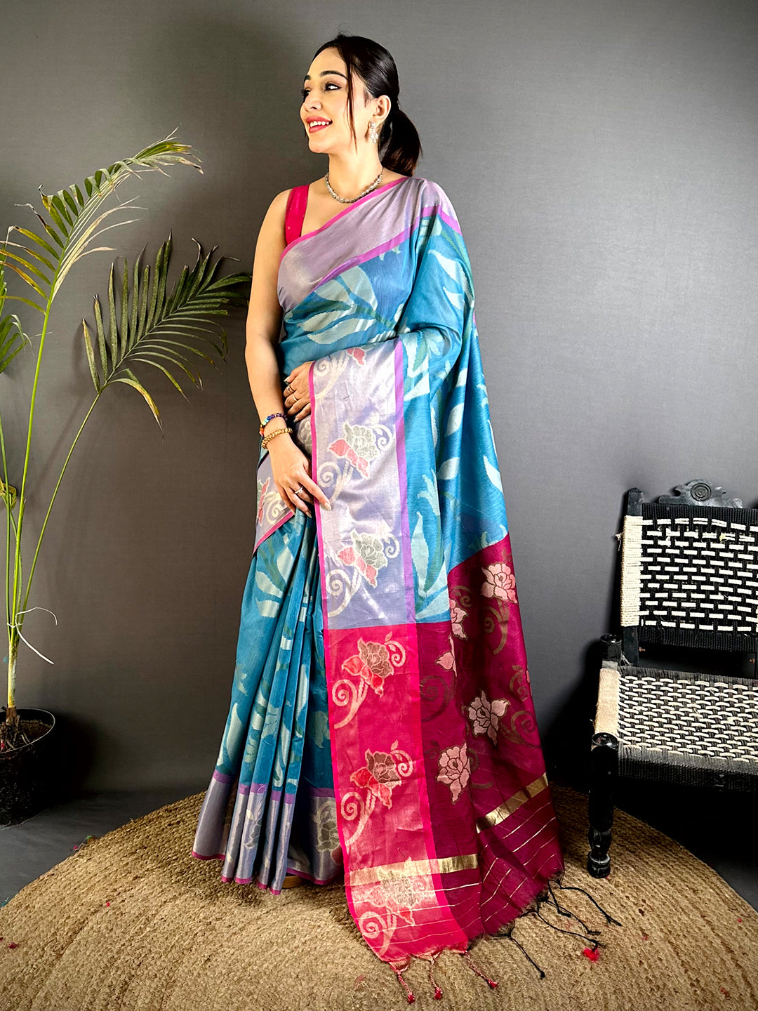 Turquoise Blue Soft Chanderi Pochampally Ikkat Saree