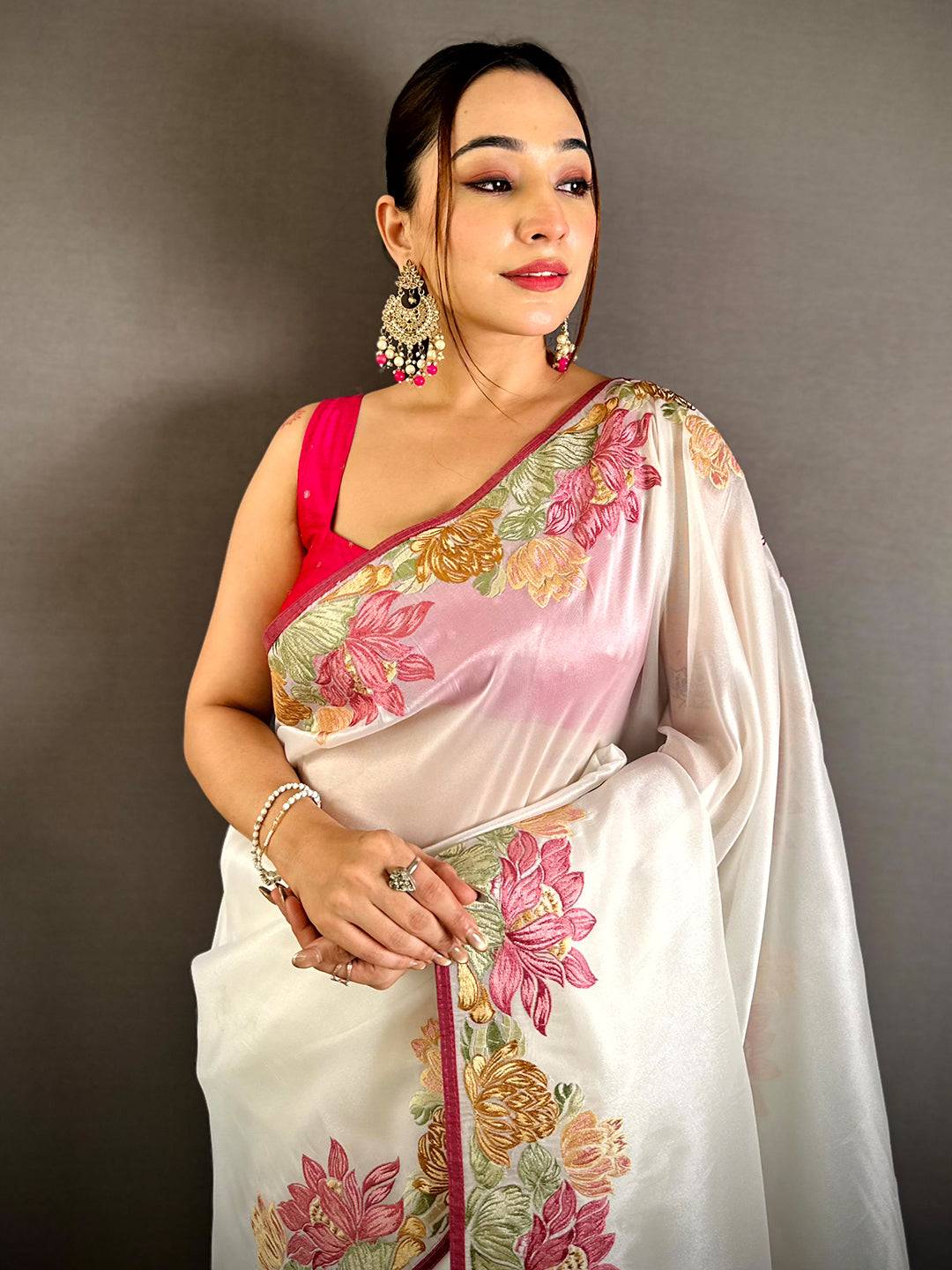 White Silky Tissue Resham Border Saree