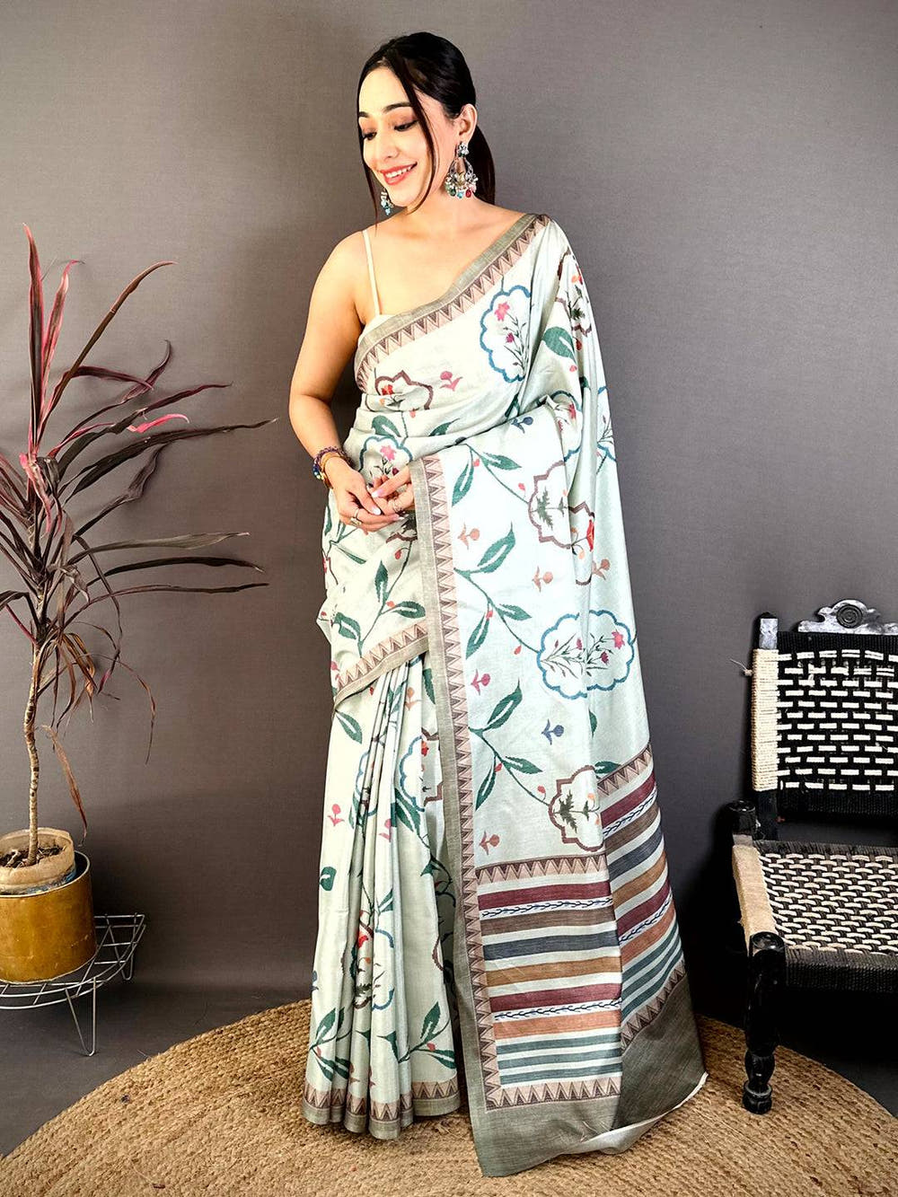 Mint Green Floral Soft Tussar Saree