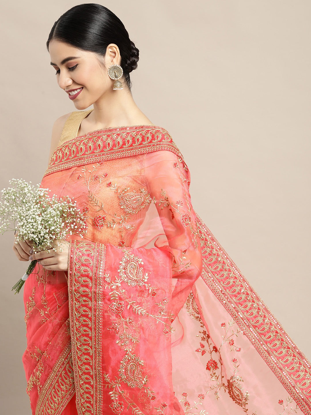 Floral Pink Colour Embroidered Organza Saree