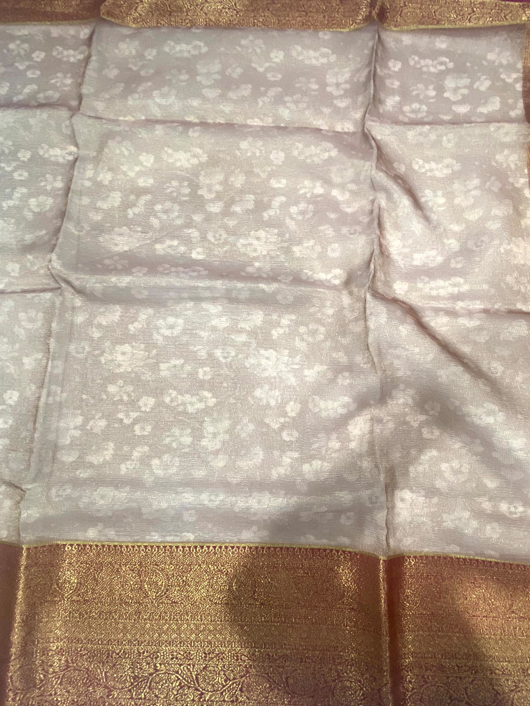 Tan Beige Floral Gold Zari Tissue Saree