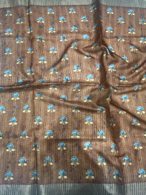 Brown Chex Kalamkari Floral Print Saree