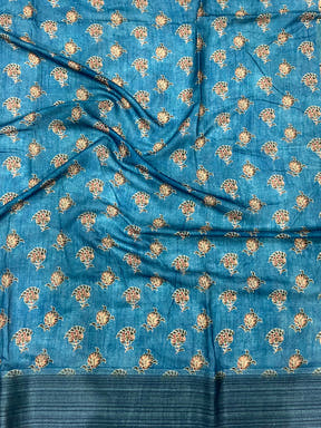 Teal Linen Block Kalamkari Print Saree