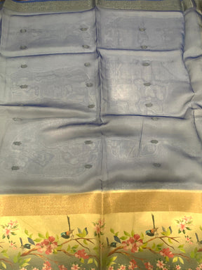Blue Ombre Zari Tissue Digital Print Saree