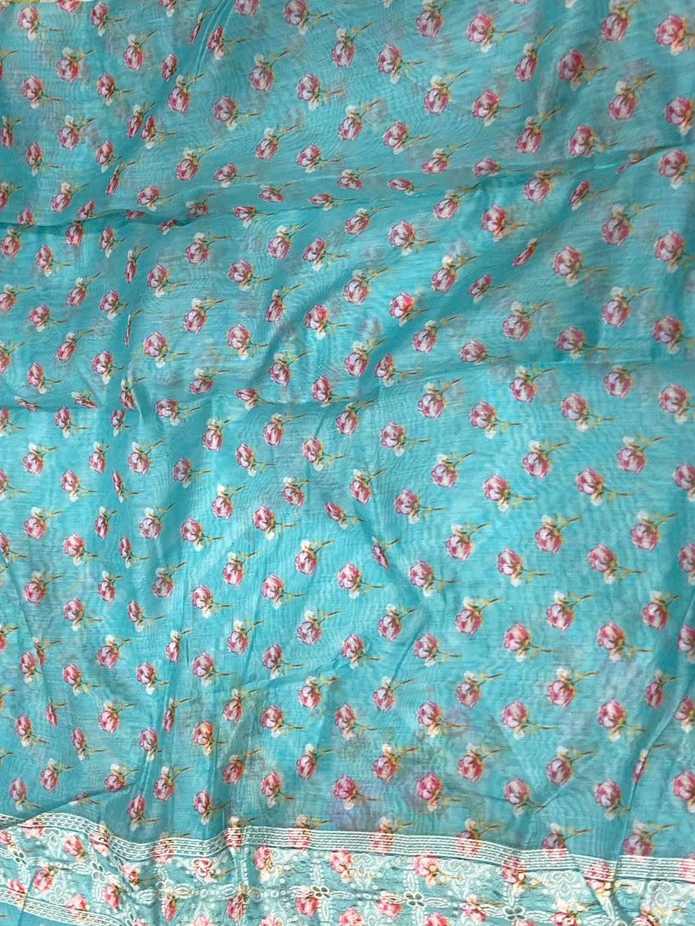 Turquoise Lakhnavi Linen Digital Print Saree