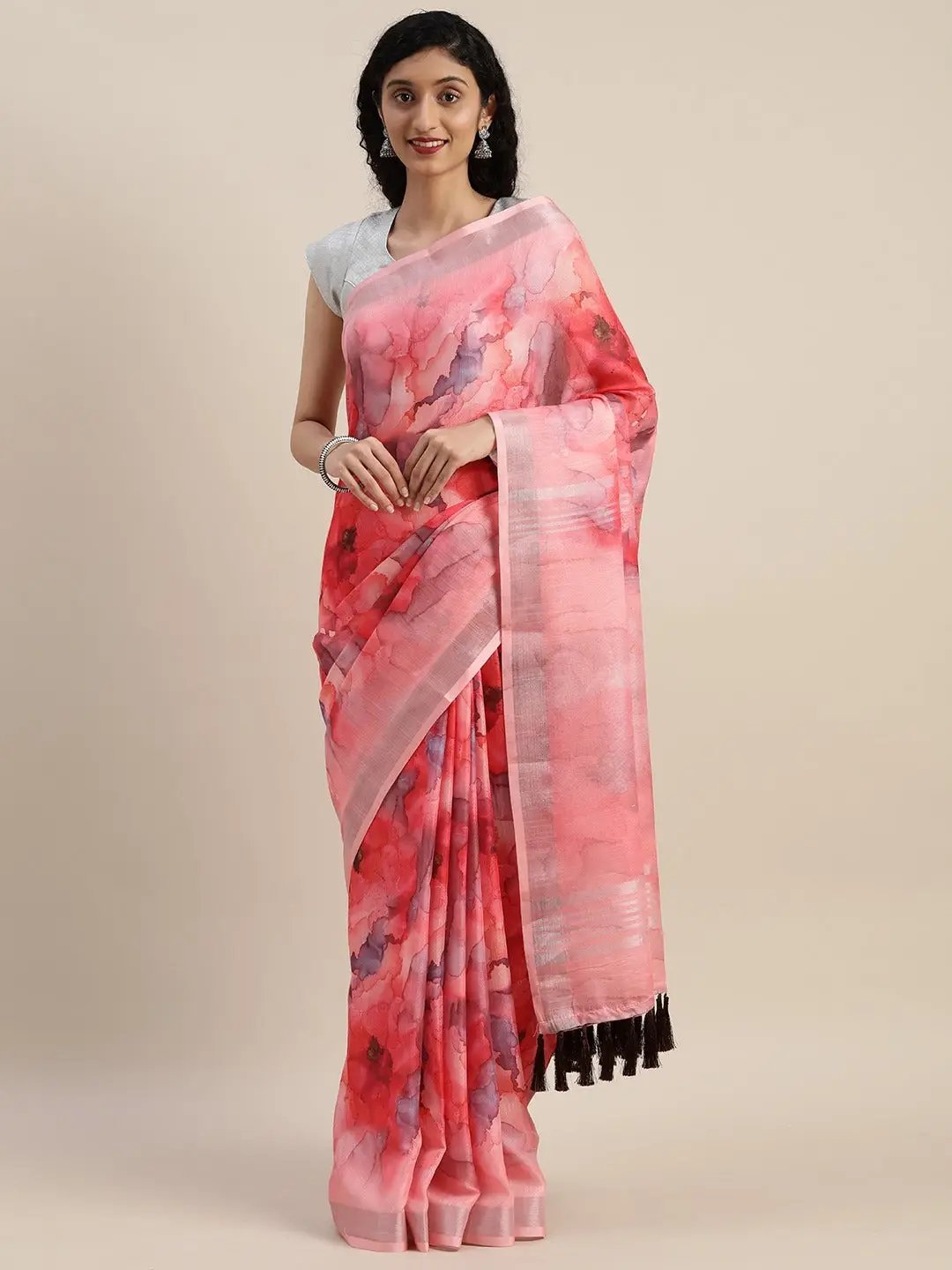 Exclusive Pink Colour Linen Abstract Print Saree