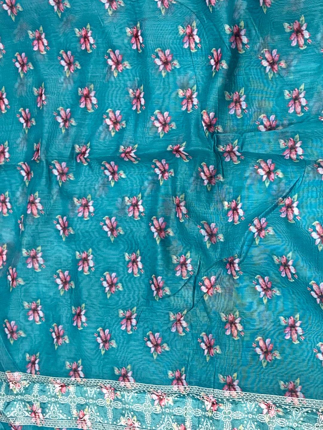 Sky Blue Lakhnavi Linen Digital Print Saree

