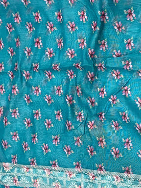 Sky Blue Lakhnavi Linen Digital Print Saree

