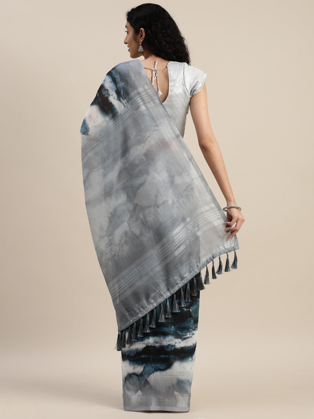 Beautiful Grey Colour Linen Abstract Print Saree