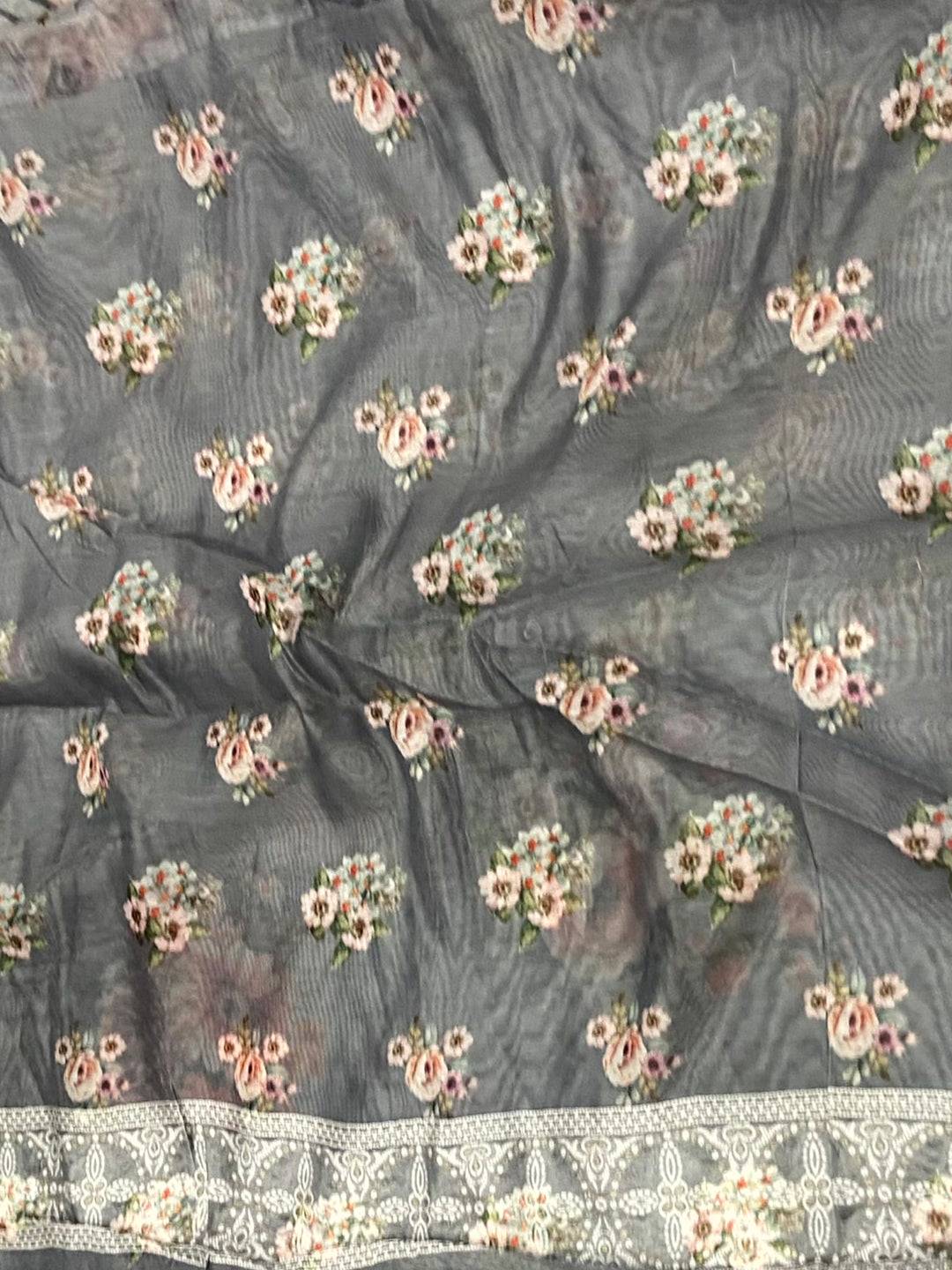 Grey Lakhnavi Linen Digital Print Saree


