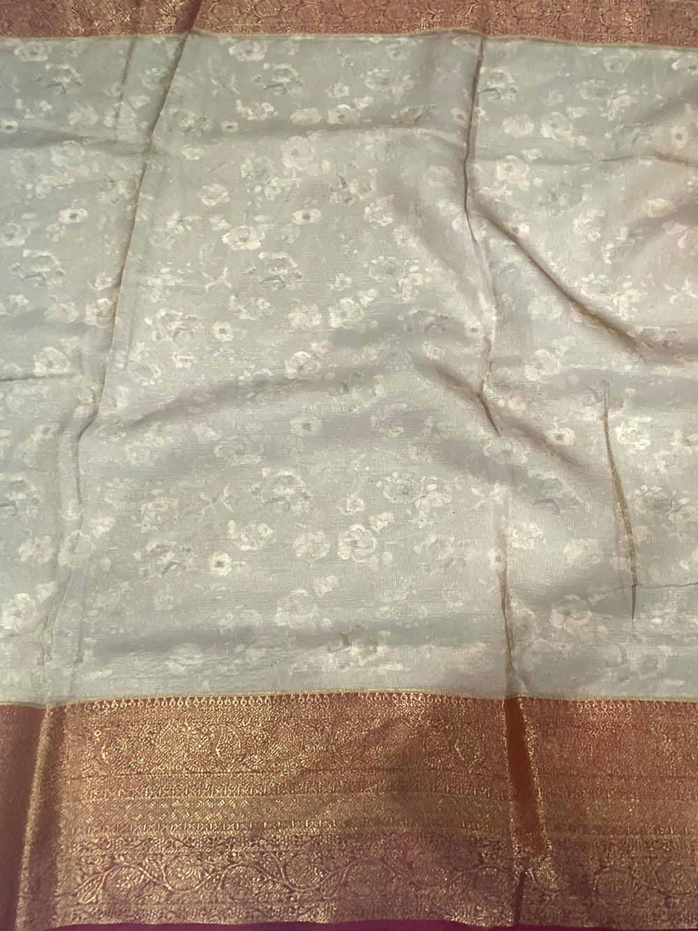 Beige Floral Gold Zari Tissue Saree