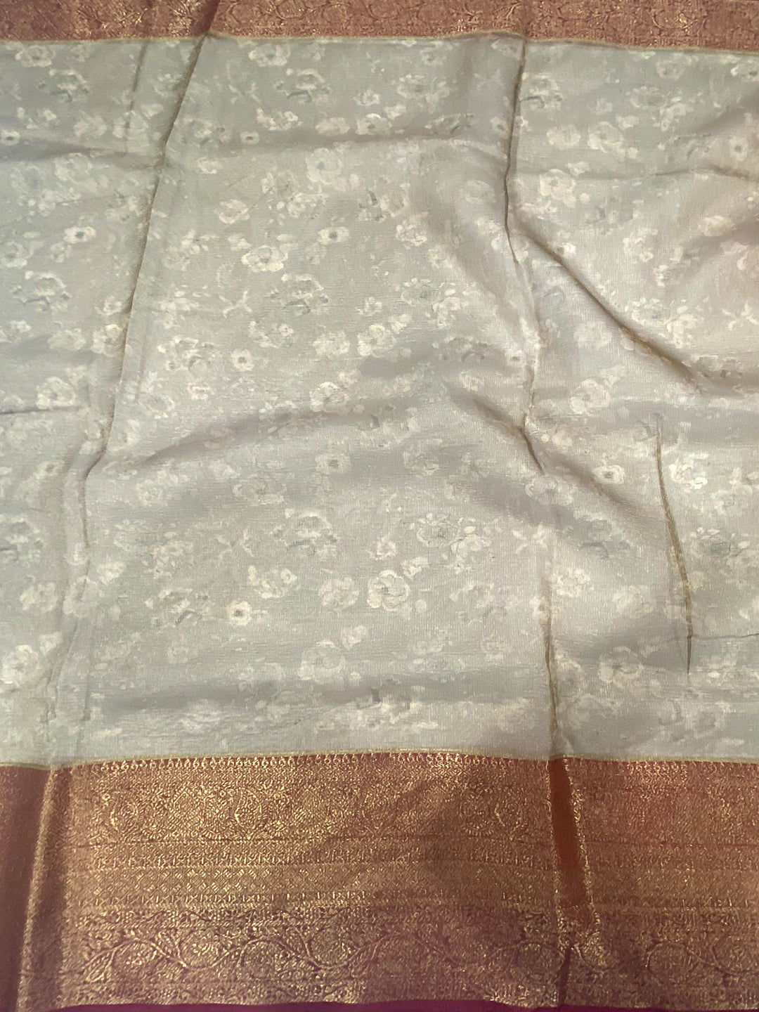 Beige Floral Gold Zari Tissue Saree