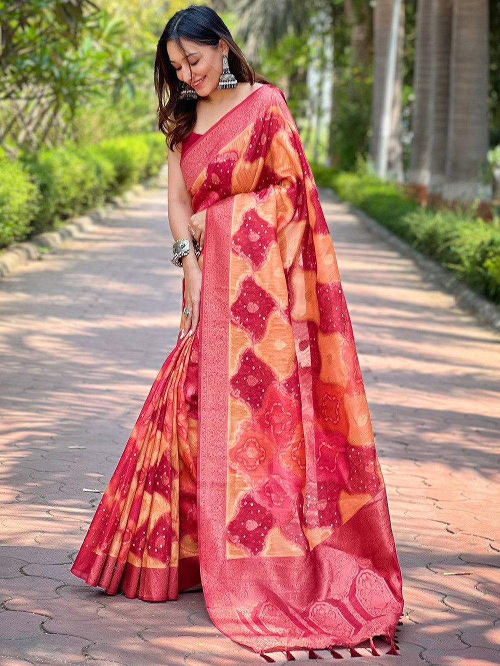 Traditional Orange Digital Block Print Saree with rich pallu