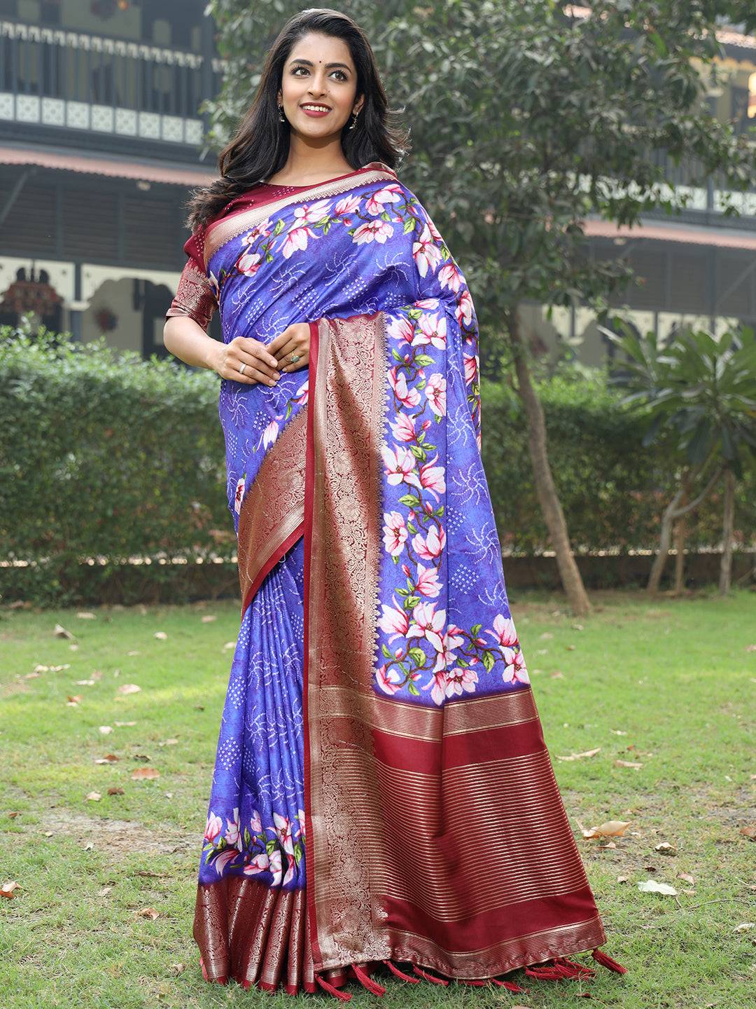 Purple Pure Viscose Dola Silk Saree With Floral Print Border