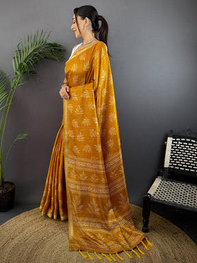 Mustard Leaf Print Ghicha Handloom Saree